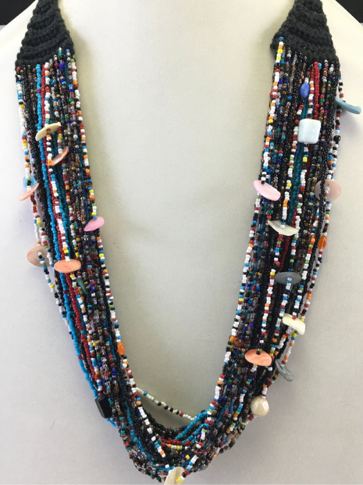 SEED/GLASS BEAD WITH BLACK CROSIA WORK & SHELL CHIPS NECKLACE