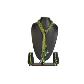 NK 11892 Green multicolor seed bead ring necklace with matching earrings