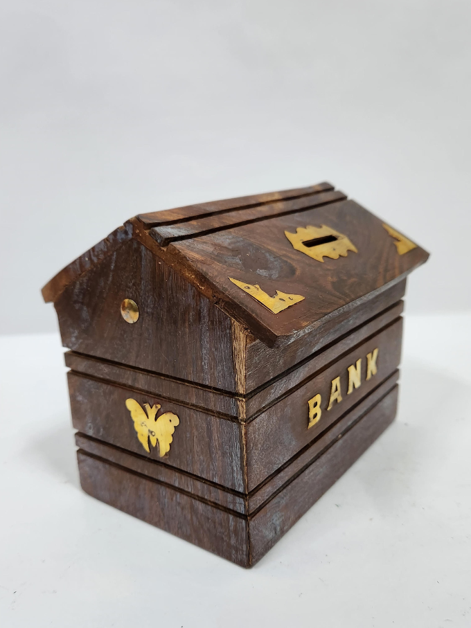 MIG 128  WOODEN PIGGY BANK WITH BRASS INLAY WORK