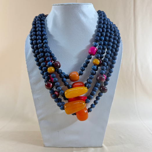 MULTY LAYERED BLUE WOODEN AND RESIN BEAD NECKLACE