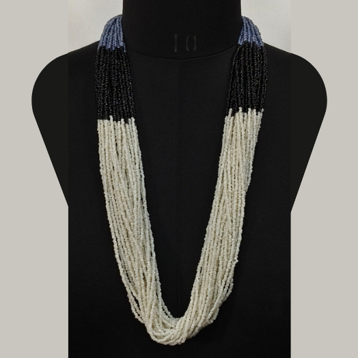 STRING WHITE, BLACK, BLUE SEED BEAD NECKLACE