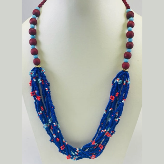 RED WOODEN BEAD GLASS AND BLUE SEED BEAD NECKLACE