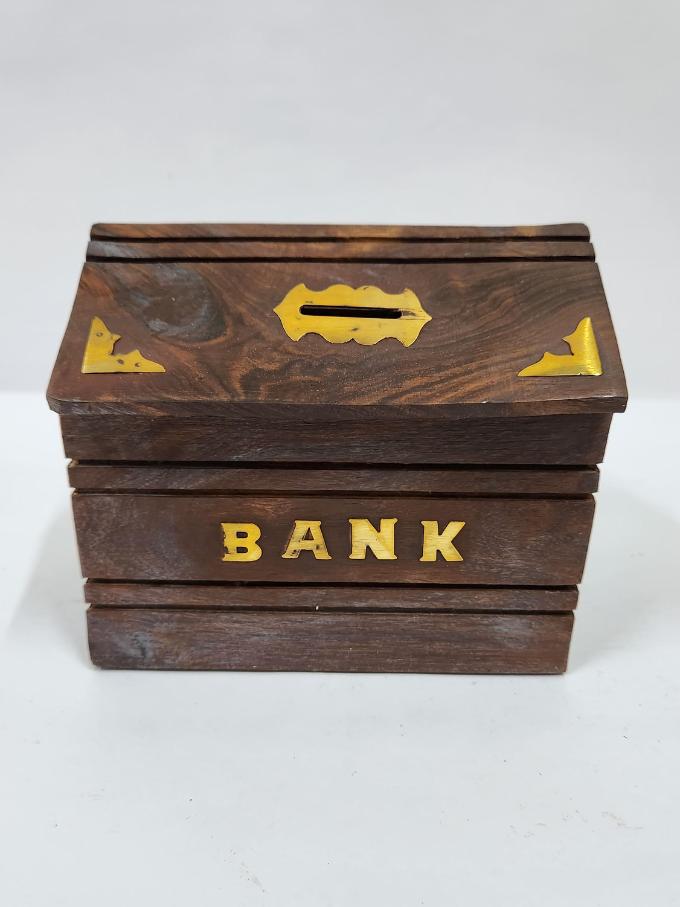 MIG 128  WOODEN PIGGY BANK WITH BRASS INLAY WORK