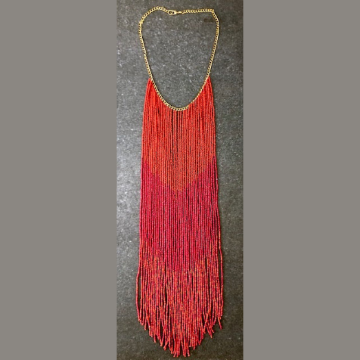 RED AND ORANGE COLOR SEED BEAD WITH GOLD METAL CHAIN NECKLACE