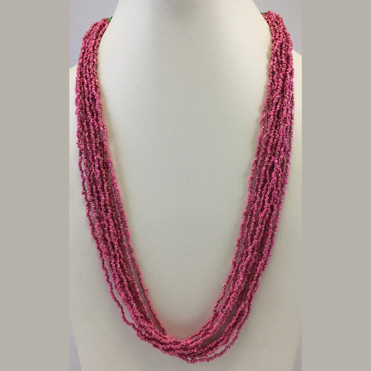 DARK PINK COLOR SEED BEAD AND GREEN GLASS BEAD NECKLACE