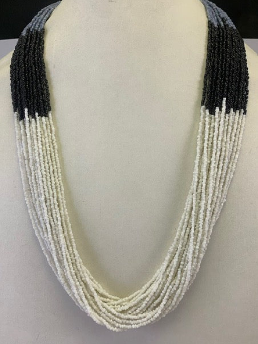 STRING WHITE, BLACK, BLUE SEED BEAD NECKLACE