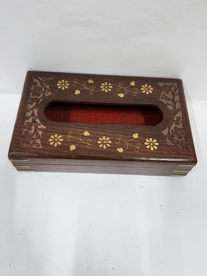 MIG 181 RS 650 WOODEN TISSUE BOX HOLDER WITH BRASS INLAY WORK