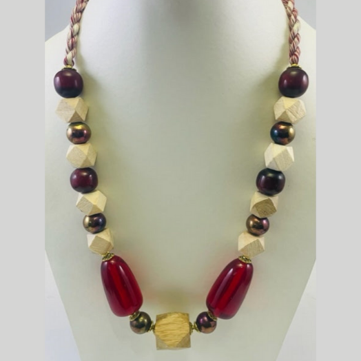 WOODEN, GLASS, RESIN BEAD WITH THREAD NECKLACE