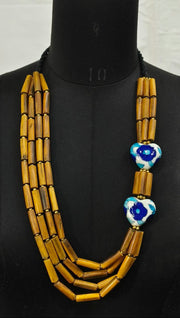 HORN PIPE & CERAMIC BEAD WITH GOLD METAL BOLL & THREAD BRAIDED NECKLACE