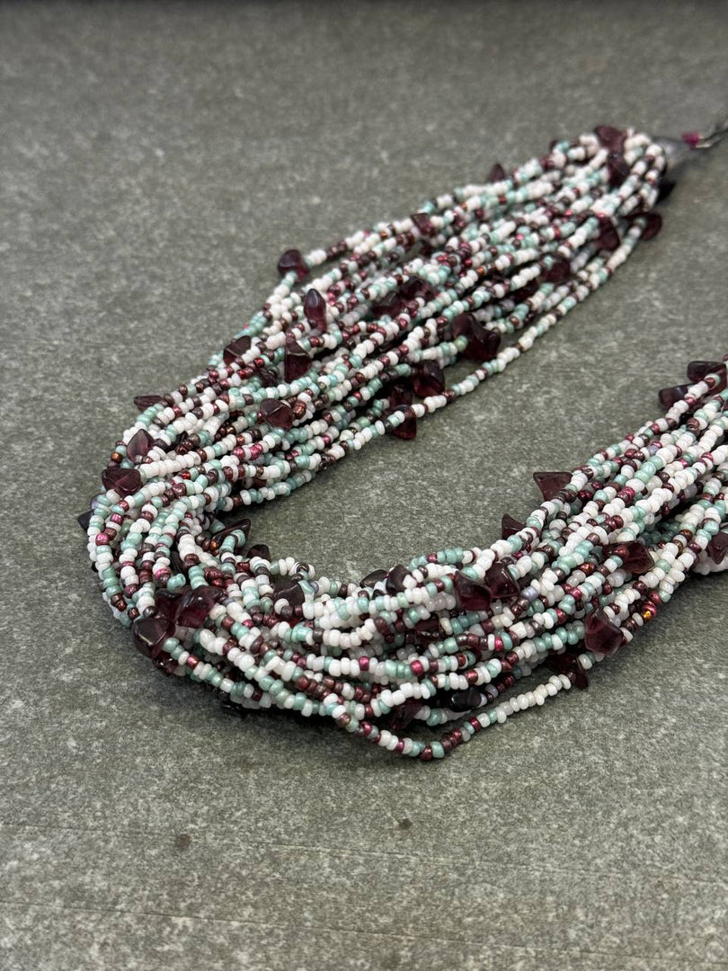 STRING MULTY SEED BEAD SILVER METAL CHAIN GLASS UNCUT NECKLACE