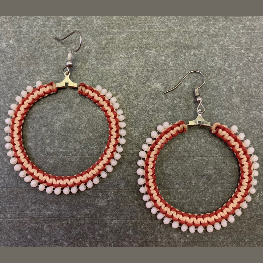 RED AND LIGHT BROWN WAX CORD AND ROSE PINK GLASS BEAD EARRING