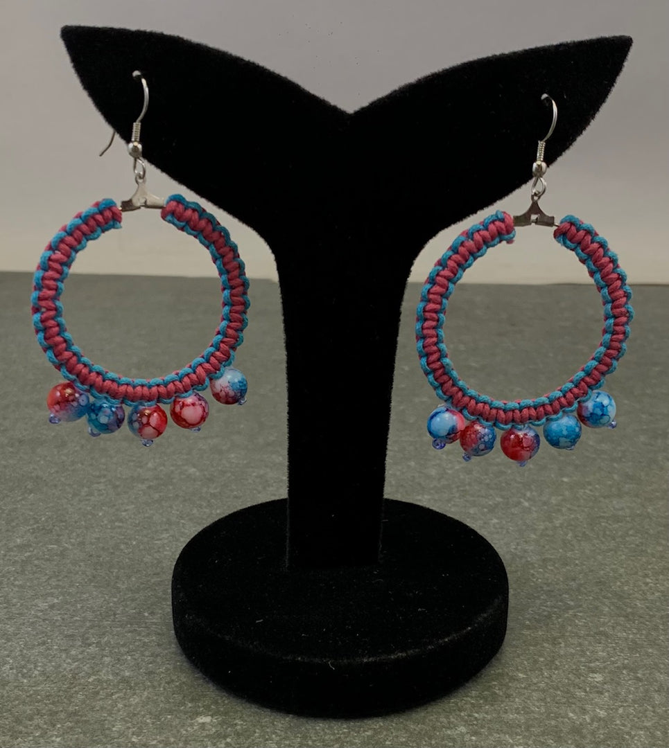 PINK AND LIGHT BLUE WAXCORD WITH GLASS BEAD EARRING