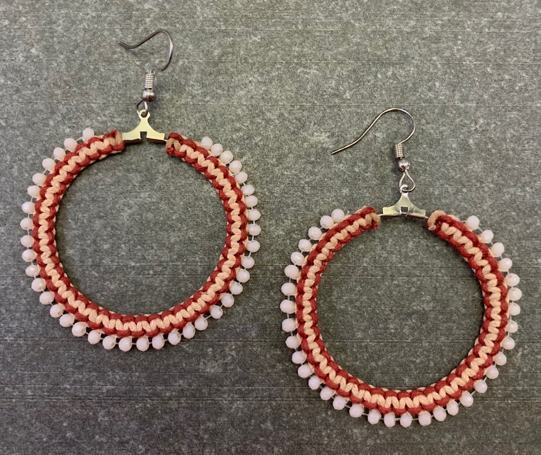 RED AND LIGHT BROWN WAX CORD AND ROSE PINK GLASS BEAD EARRING