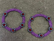 PURPLE COLOR WAXCORD WITH RED COLOR DIAMOND CUT GLASS BEAD AND SSED BEAD EARRING