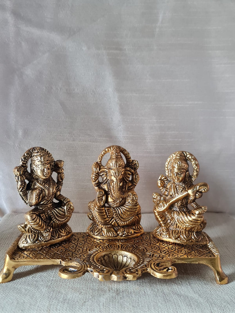 WHITE METAL WITH LAQUER POLISH GANESH LAXMI SARASWATI WITH DEEPAK