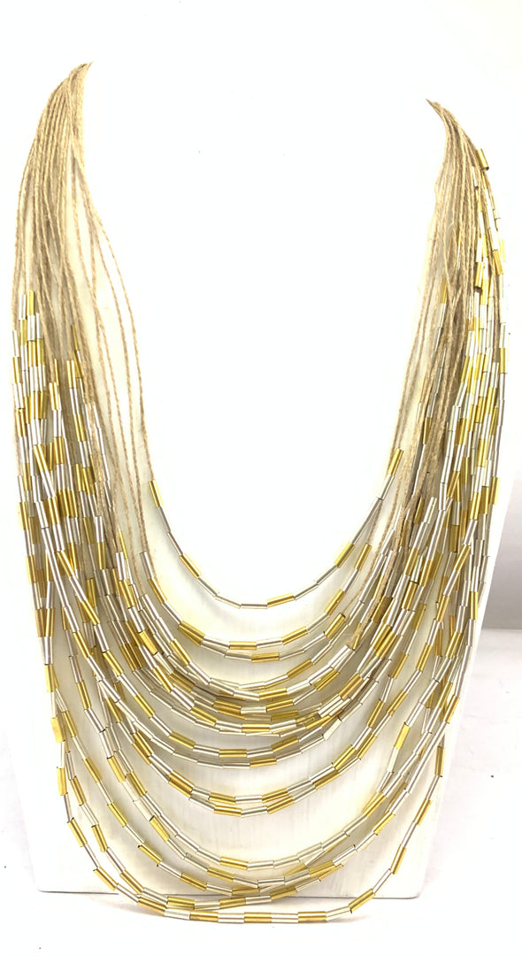NK15726 - MULTY LAYERED JUTE DORI WITH BRASS PIPE NECKLACE