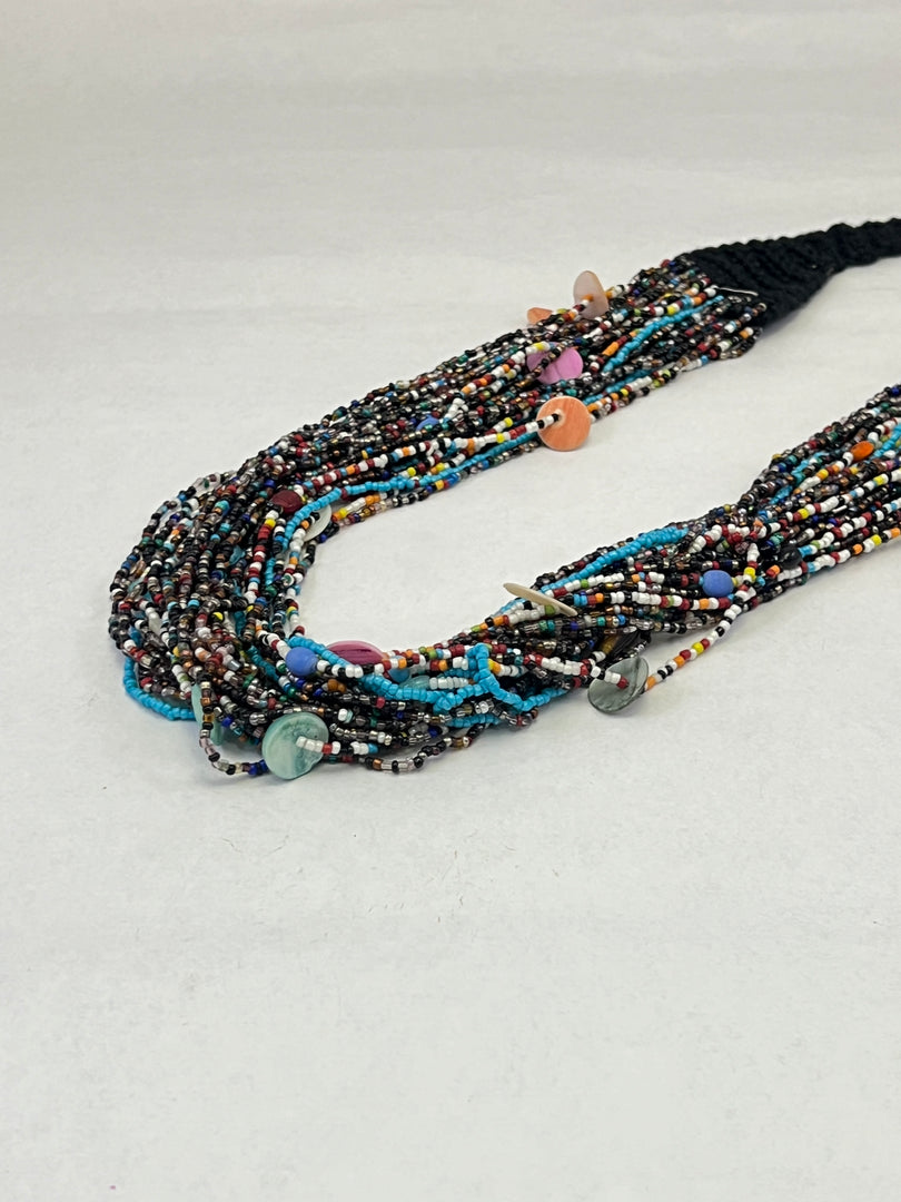 SEED/GLASS BEAD WITH BLACK CROSIA WORK & SHELL CHIPS NECKLACE