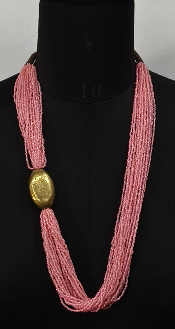 MULTY LAYERED PINK SEED BEAD GOLD CRIS BEAD WITH THREAD NECKLACE