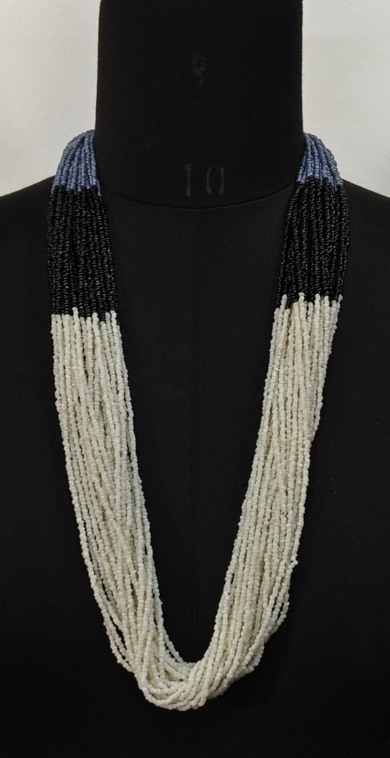 STRING WHITE, BLACK, BLUE SEED BEAD NECKLACE