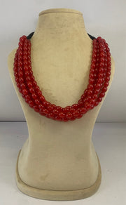 NK14533 RED MULTI LAYERED GLASS BEAD WITH BLACK RIBBON NECKLACE