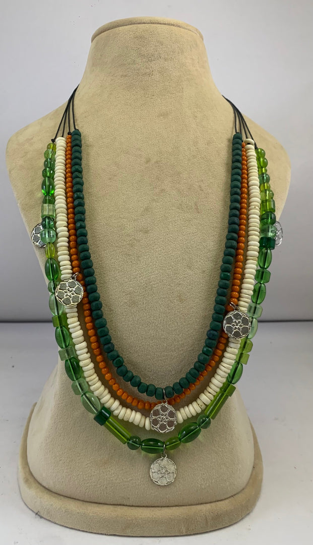 NK13951 MULTI LAYERED BONE/GLASS/WOODEN BEAD WITH WAXCORD NECKLACE