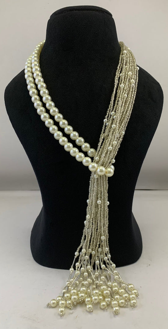 NK15018 - WHITE SEED/PEARL BEAD TIE NECKLACE