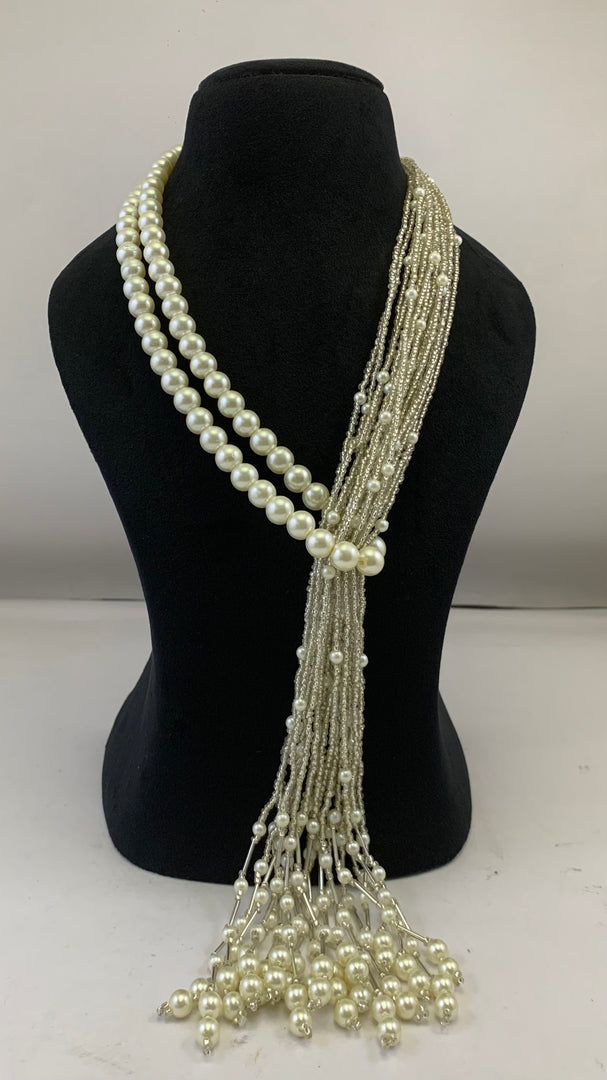 NK15018 - WHITE SEED/PEARL BEAD TIE NECKLACE