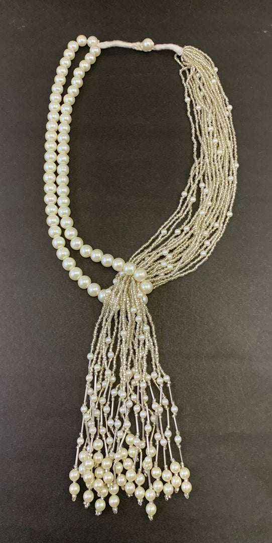 NK15018 - WHITE SEED/PEARL BEAD TIE NECKLACE