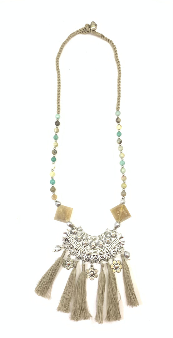 NK8563 - STONE/HORN BEAD WITH METAL ALUMINIUM NUGGET PENDANT NECKLACE