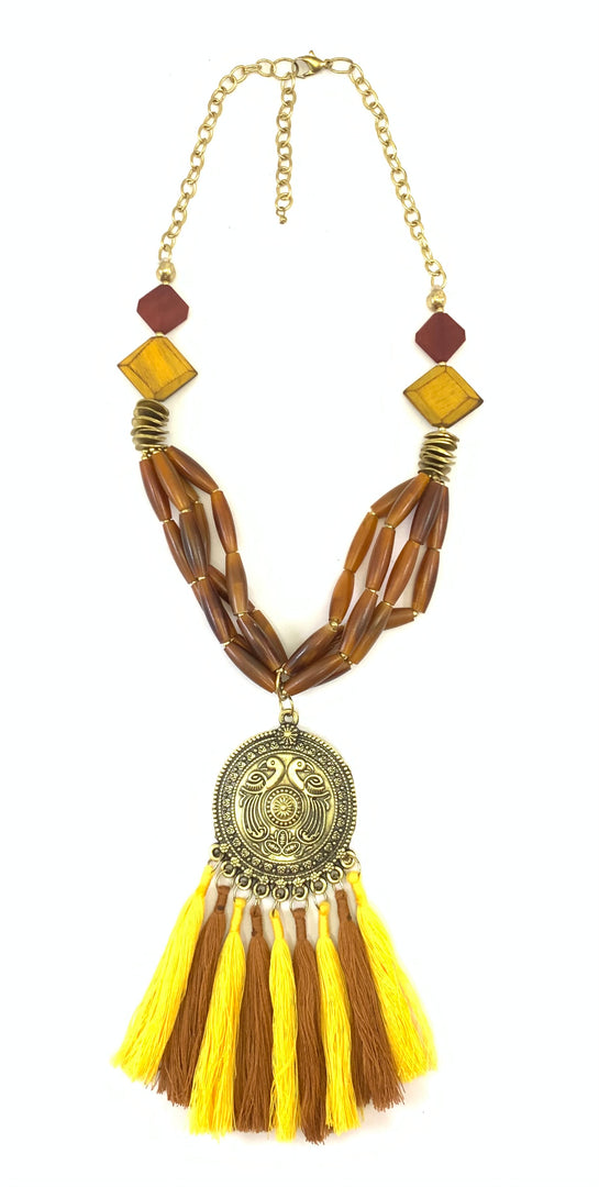 NK8545-HORN BEAD/PIPE & GOLDEN IRON DISC WITH METAL PENDANT & THREAD TASSEL NECKLACE
