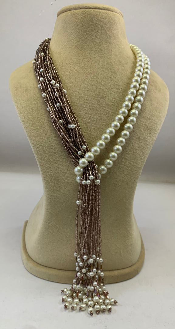NK15012 - MULTI LAYERED SEED/PLASTIC PEARL BEAD WITH BRAIDED THREAD TAI NECKLACE