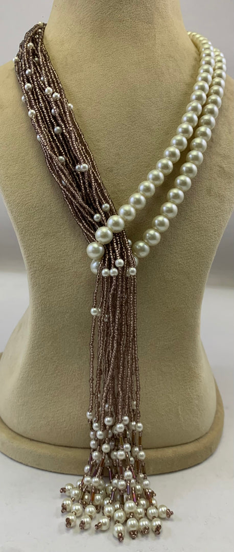 NK15012 - MULTI LAYERED SEED/PLASTIC PEARL BEAD WITH BRAIDED THREAD TAI NECKLACE