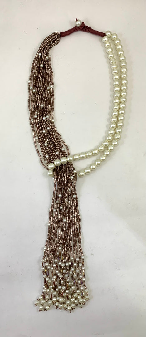 NK15012 - MULTI LAYERED SEED/PLASTIC PEARL BEAD WITH BRAIDED THREAD TAI NECKLACE