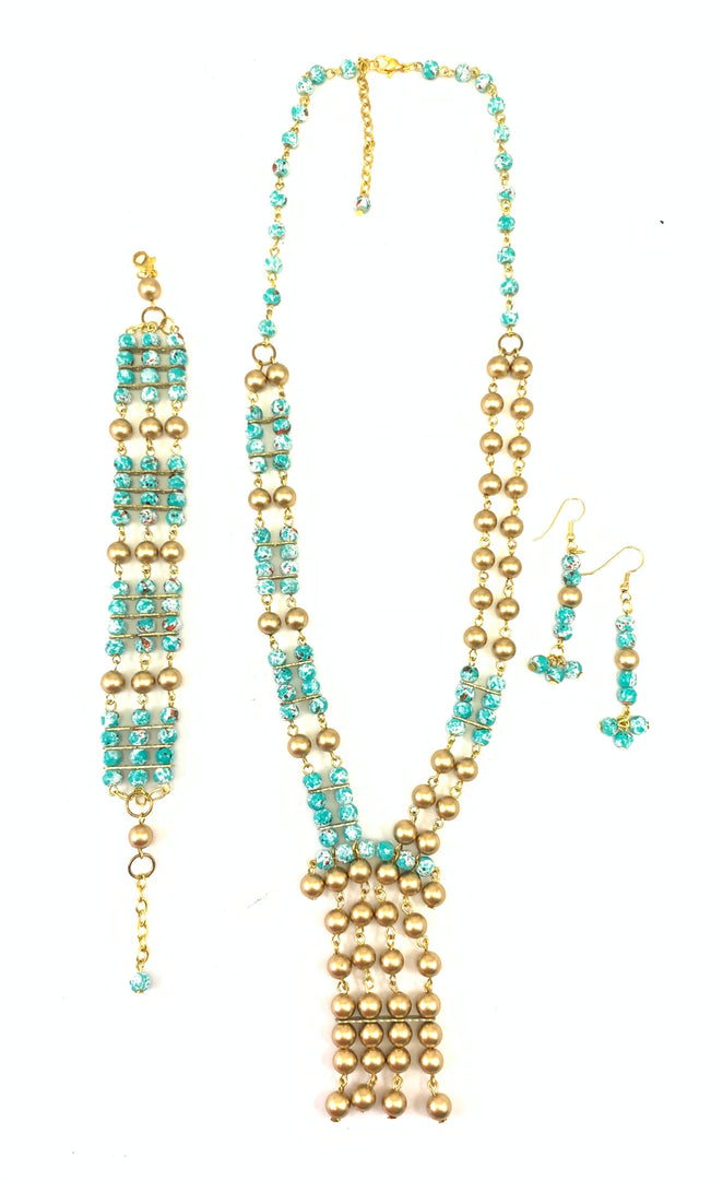 NK15157 - GLASS/C C P BEAD WITH METAL CHAIN RING NECKLACE