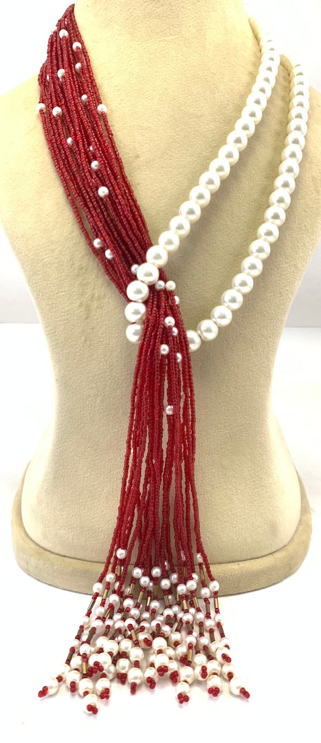 NK15012B - MULTI LAYERED SEED/PLASTIC PEARL BEAD WITH BRAIDED THREAD TAI NECKLACE