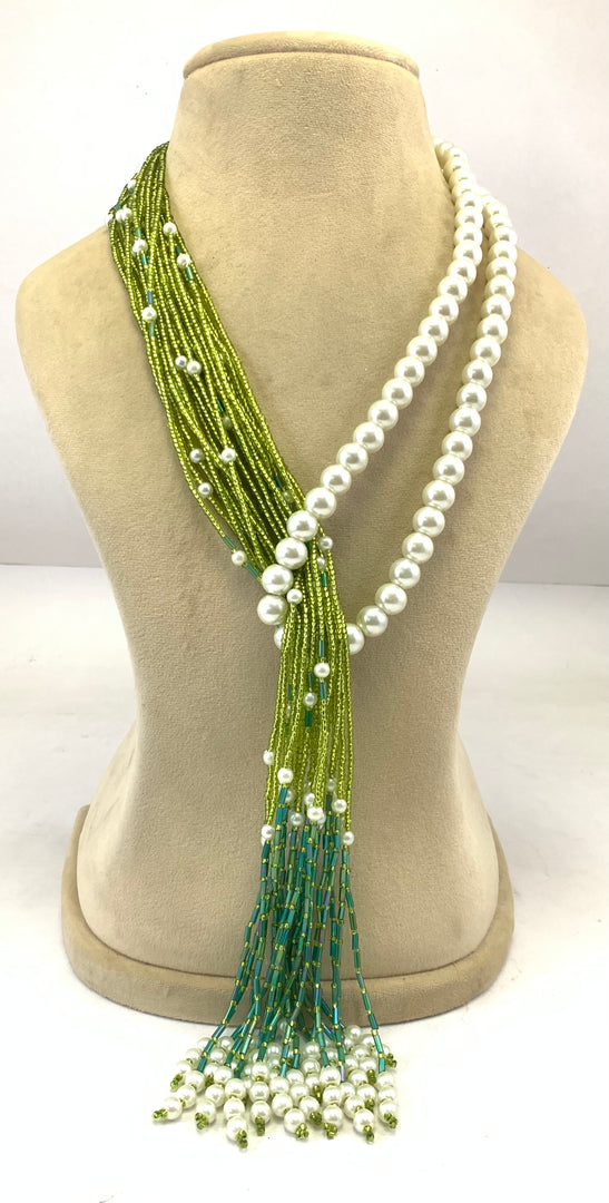 NK15012A - MULTI LAYERED SEED/PLASTIC PEARL BEAD WITH BRAIDED THREAD TAI NECKLACE