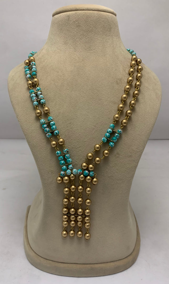 NK15157 - GLASS/C C P BEAD WITH METAL CHAIN RING NECKLACE