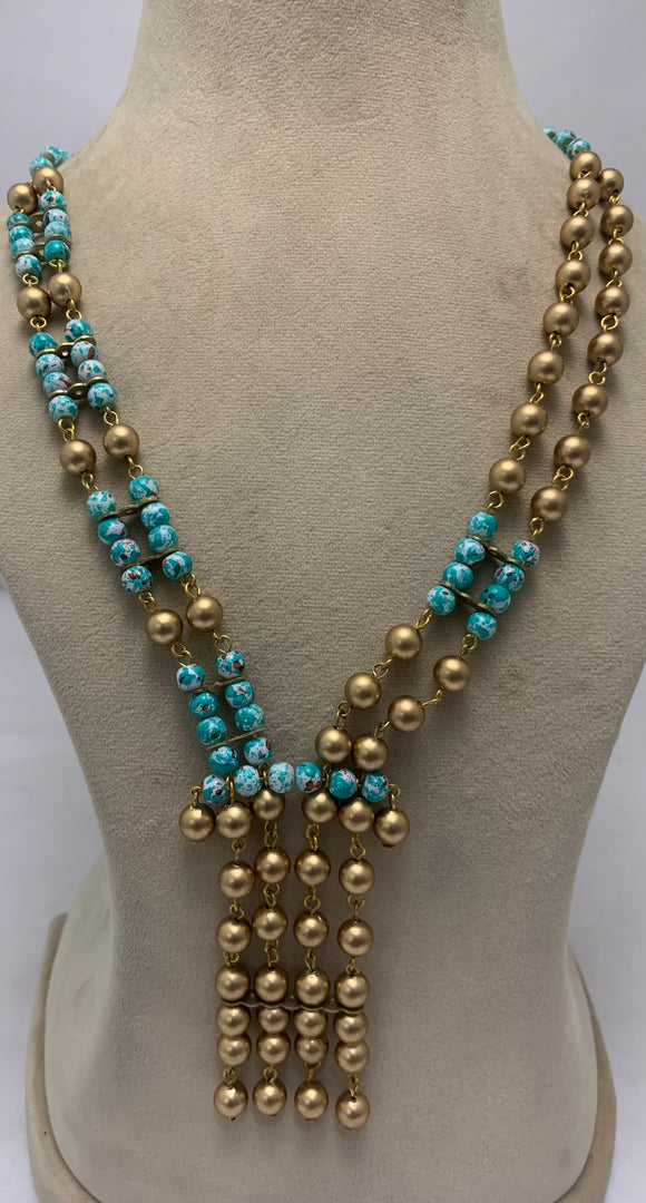 NK15157 - GLASS/C C P BEAD WITH METAL CHAIN RING NECKLACE