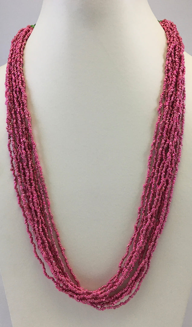 DARK PINK COLOR SEED BEAD AND GREEN GLASS BEAD NECKLACE