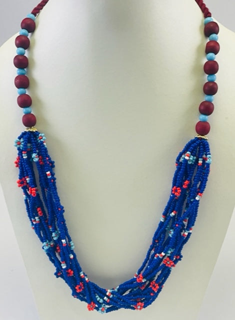 RED WOODEN BEAD GLASS AND BLUE SEED BEAD NECKLACE