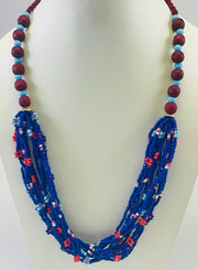 RED WOODEN BEAD GLASS AND BLUE SEED BEAD NECKLACE