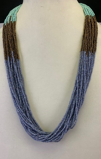 BLUE, GOLD, TURQUOISE COLOR SEED BEAD NECKLACE