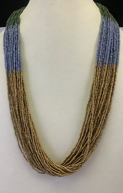 GREEN, GOLD, BLUE COLOR SEED BEAD NECKLACE