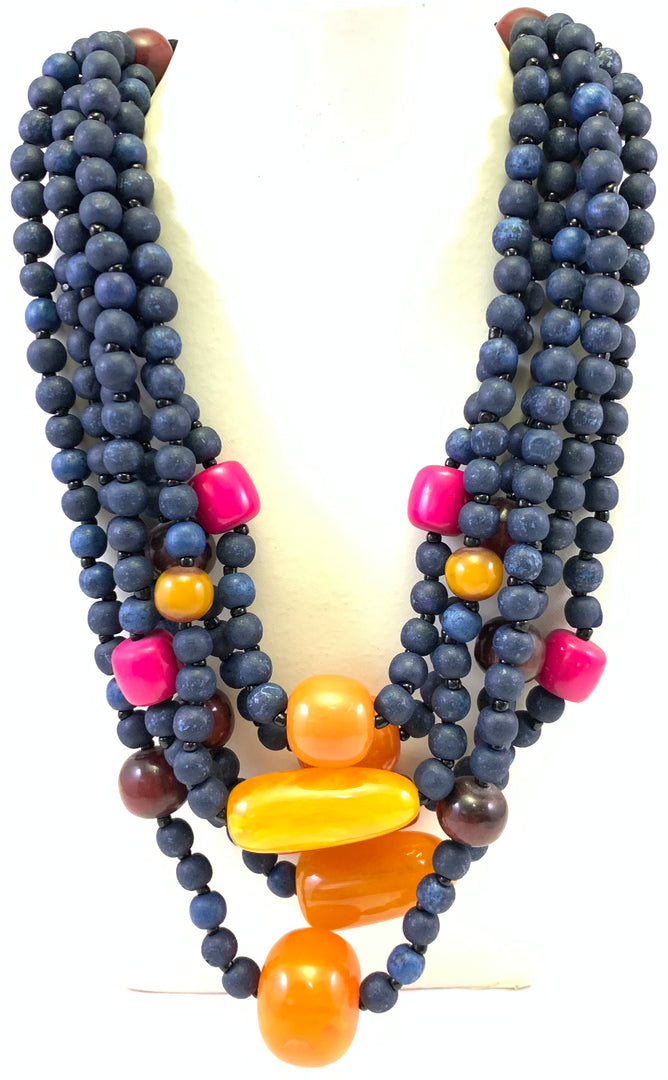 MULTY LAYERED BLUE WOODEN AND RESIN BEAD NECKLACE