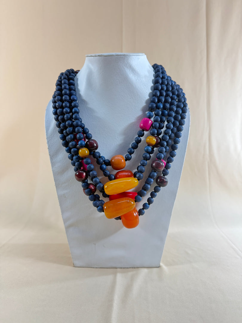 MULTY LAYERED BLUE WOODEN AND RESIN BEAD NECKLACE