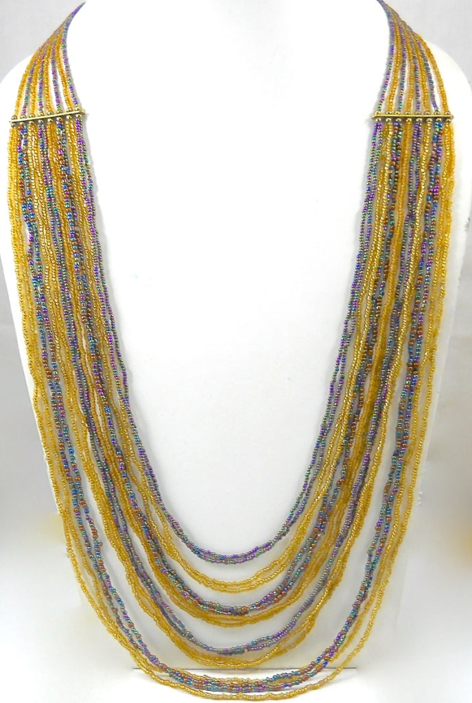 GOLDEN AND BLUERAINBOW SEED BEAD NECKLACE