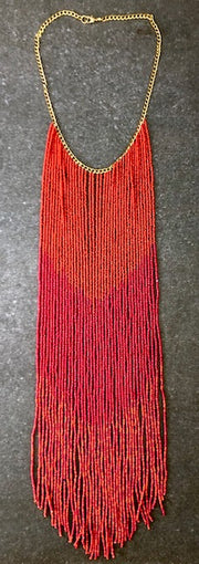 RED AND ORANGE COLOR SEED BEAD WITH GOLD METAL CHAIN NECKLACE