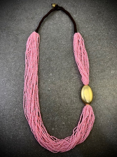 MULTY LAYERED PINK SEED BEAD GOLD CRIS BEAD WITH THREAD NECKLACE