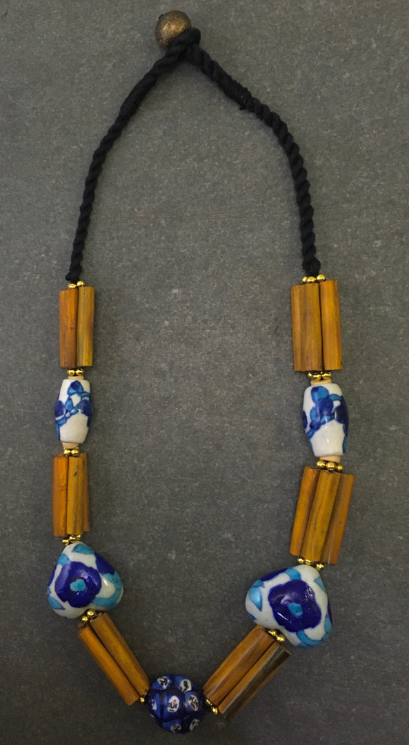 HORN PIPE & CEREMIC BEAD WITH THREAD BRAIDED NECKLACE