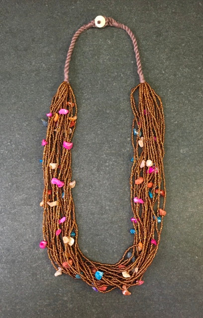 MULTY LAYERED SEED BEAD SHELL WITH THREAD NECKLACE